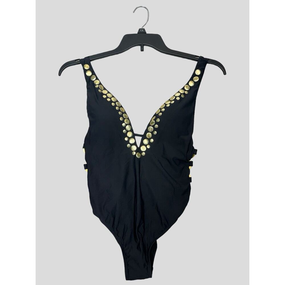 Athena Swimsuit 6 Black Deep V-Neck Studded One Piece Side Golden Rings High Leg